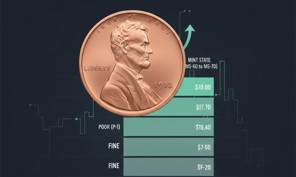 A magnified 1918 wheat penny over a value chart