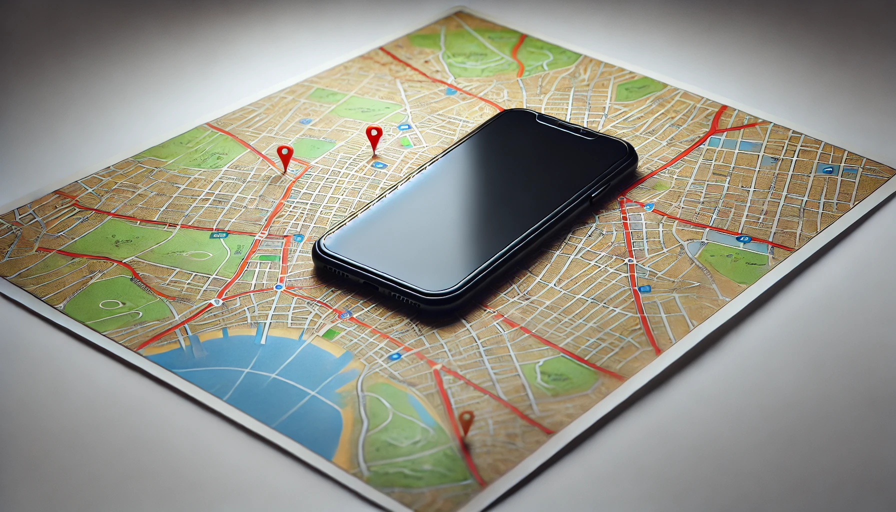 A smartphone with a plain black display lies on top of a detailed map with pinpoints, creating a striking contrast between the vibrant map and the dark screen.