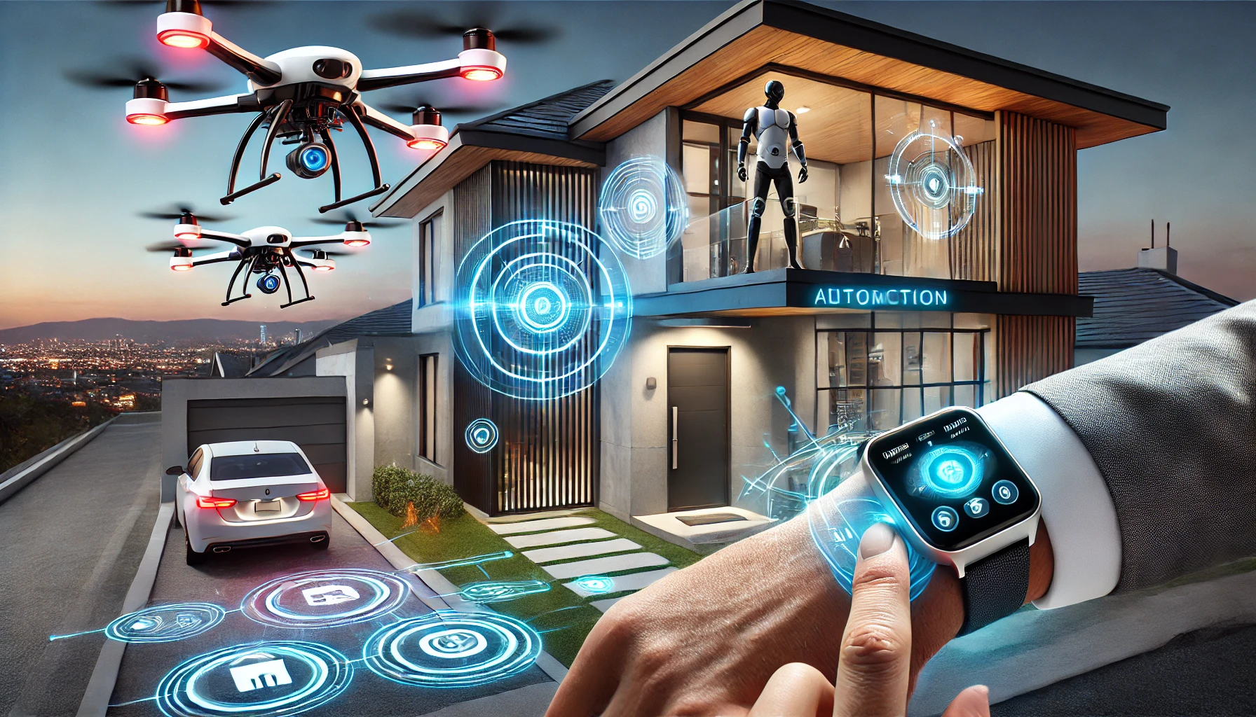 A futuristic home security system where drones and smartwatches are integrated with home automation.
