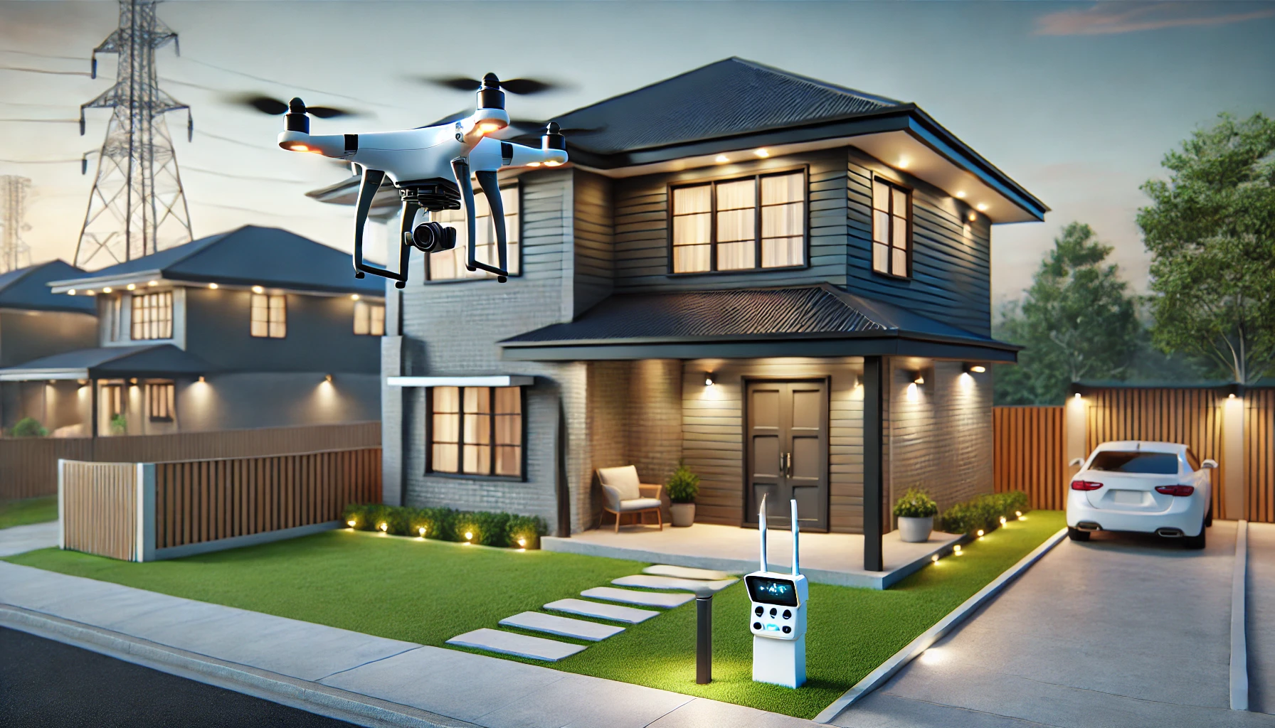 A house exterior with drone technology.