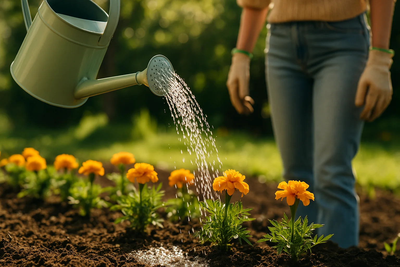 A gardener waters blooming marigolds in a sunlit garden using a green watering can, with fresh soil and bright flowers in focus.