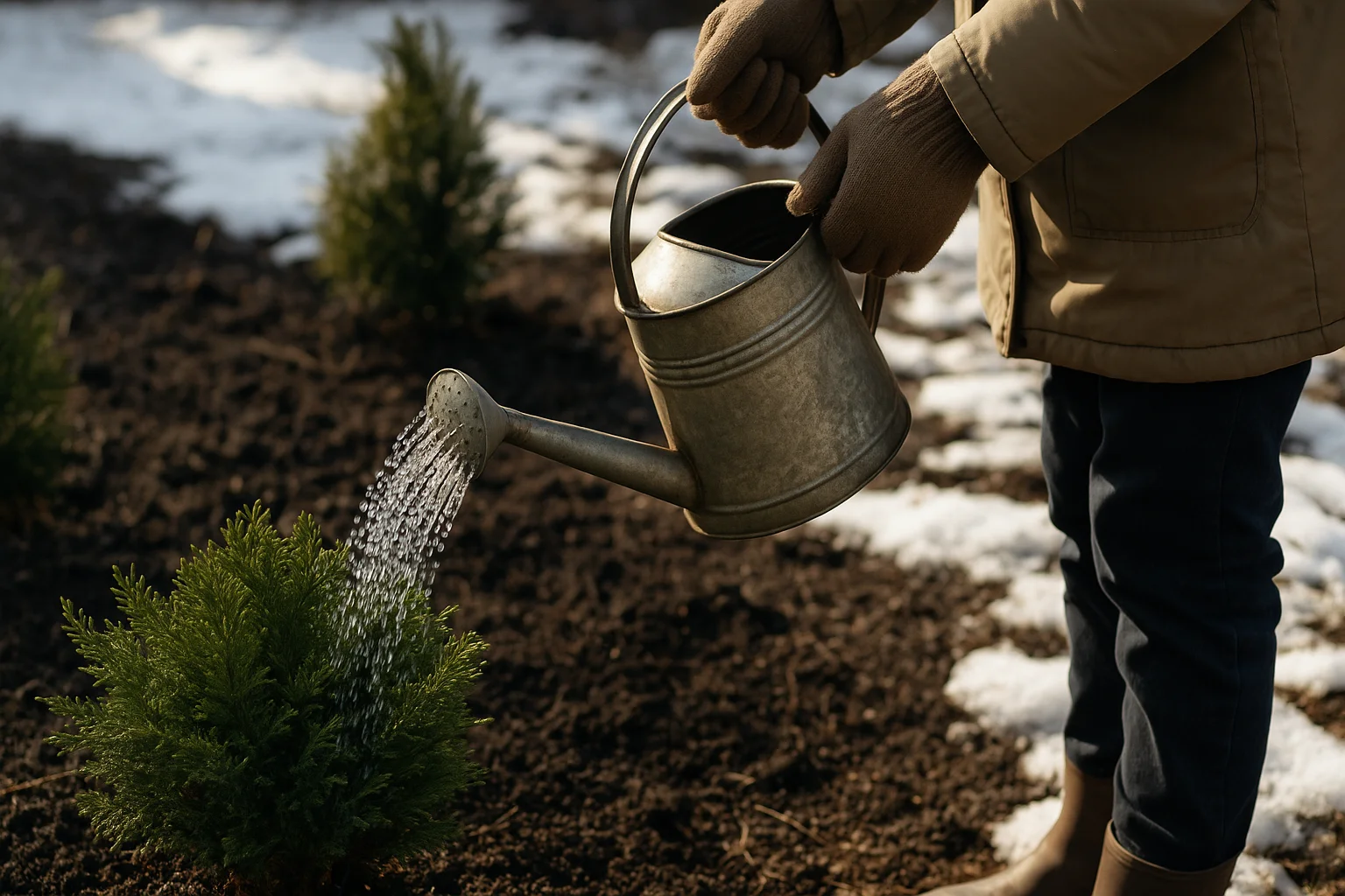 A person in gloves and a winter jacket waters an evergreen shrub with a metal watering can, while patches of snow surround the frosty garden soil.