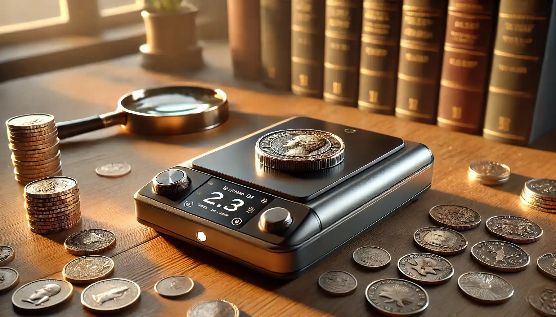 An image of a high-tech coin scanner on a wooden desk, with a historical coin on its platform, surrounded by scattered coins, a magnifying glass, and a softly blurred bookshelf.