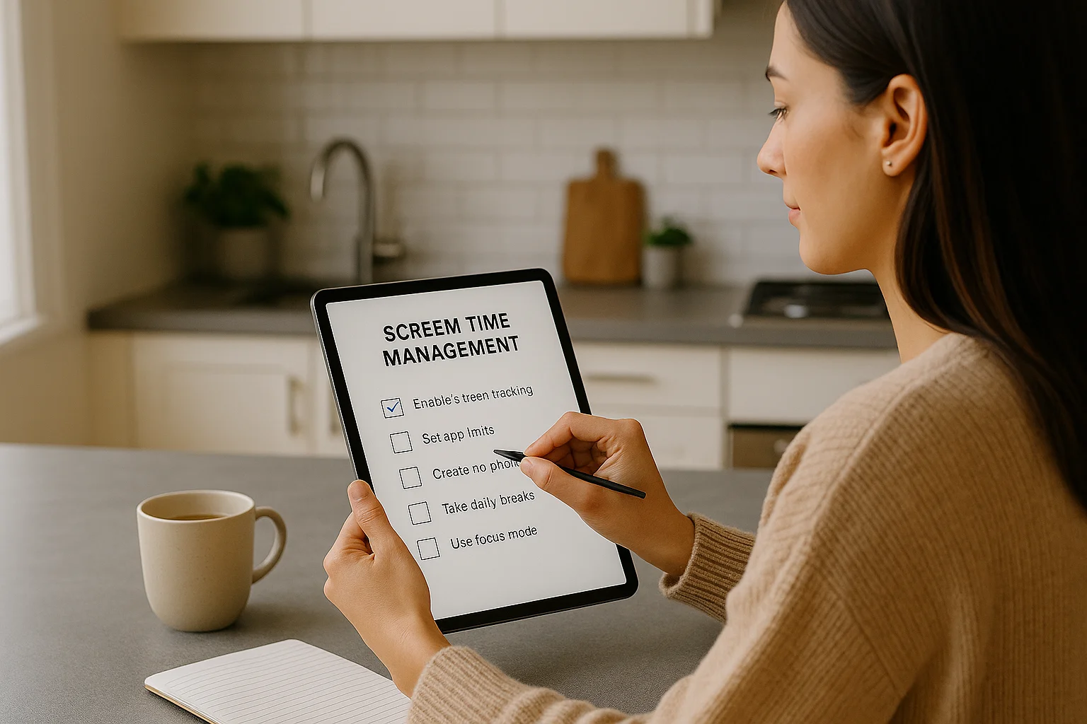 A woman in a modern kitchen checks off an item on her “Screen Time Management” checklist tablet while enjoying her morning coffee.