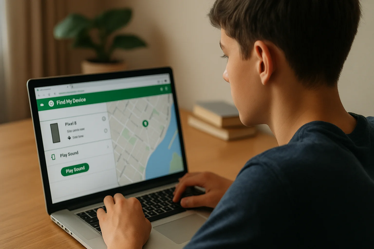 A teenage boy sits at a desk using a laptop, where the screen shows the Find My Device interface with a map and the “Play Sound” option.