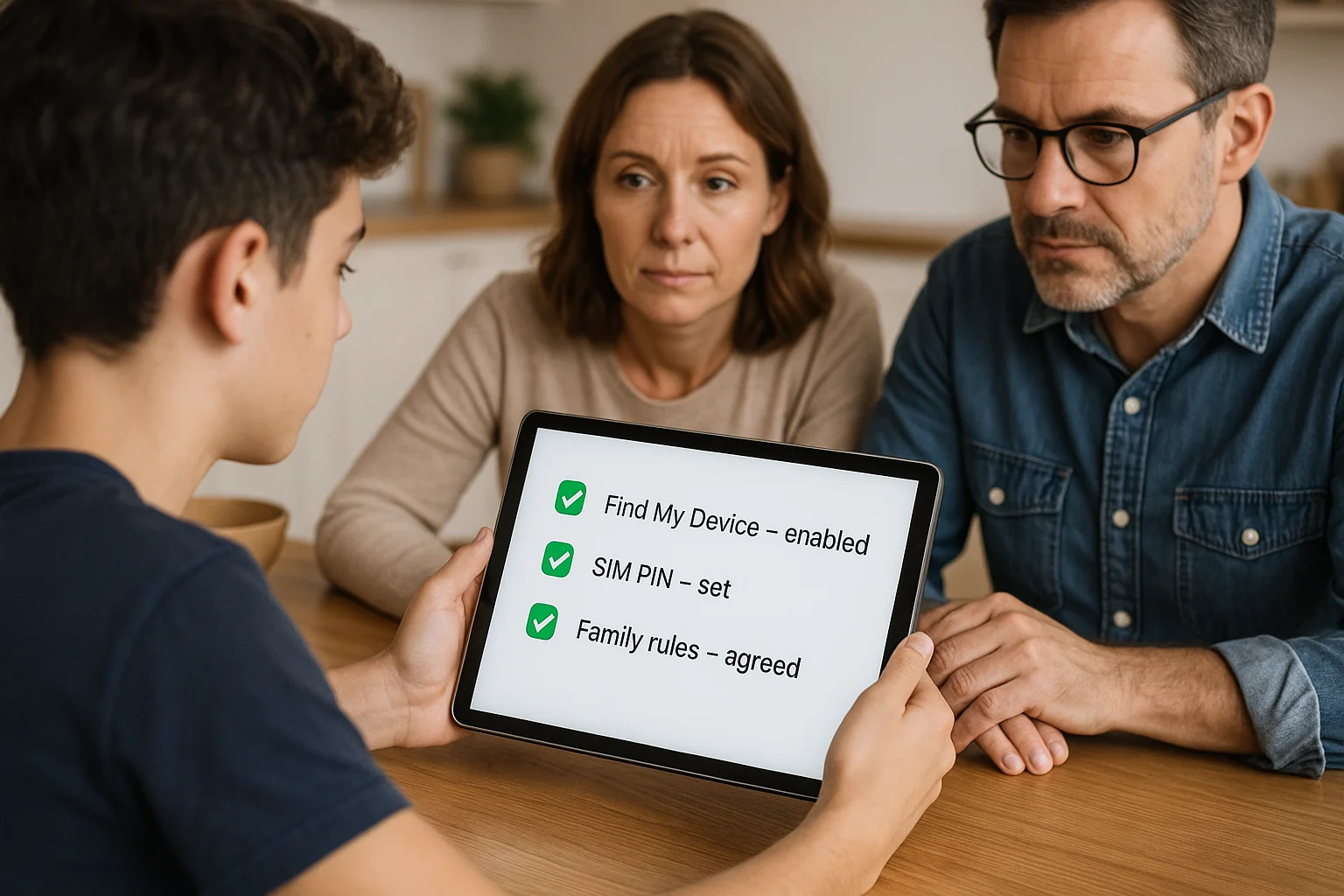A teenager and parents sit together at a dining table, looking at a tablet that displays a preventive checklist and discussing the topic.